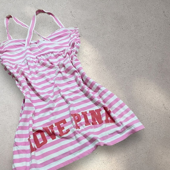 Early 2000s VS PINK Pink & White Striped "Love Pink" Babydoll Dress - Picture 2 of 10
